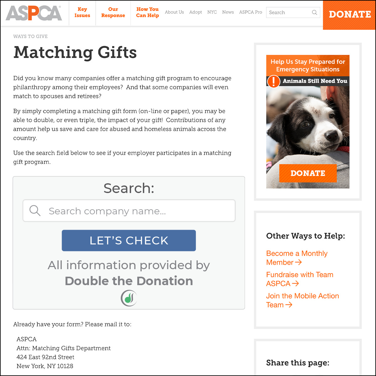 ASPCA does a great job promoting matching gifts.