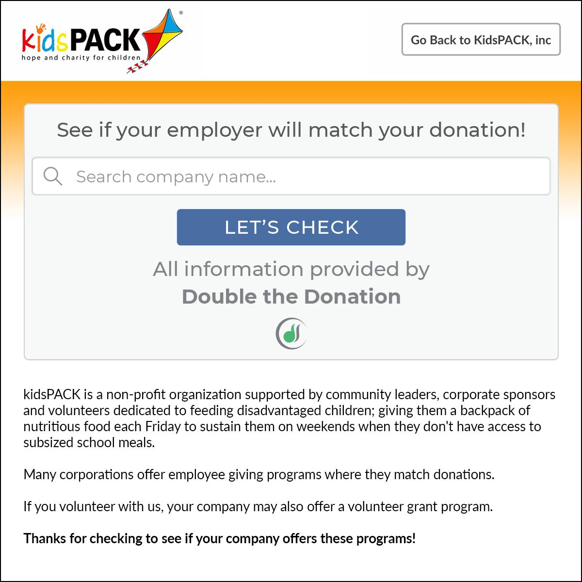 kidsPACK does a great job promoting matching gifts.