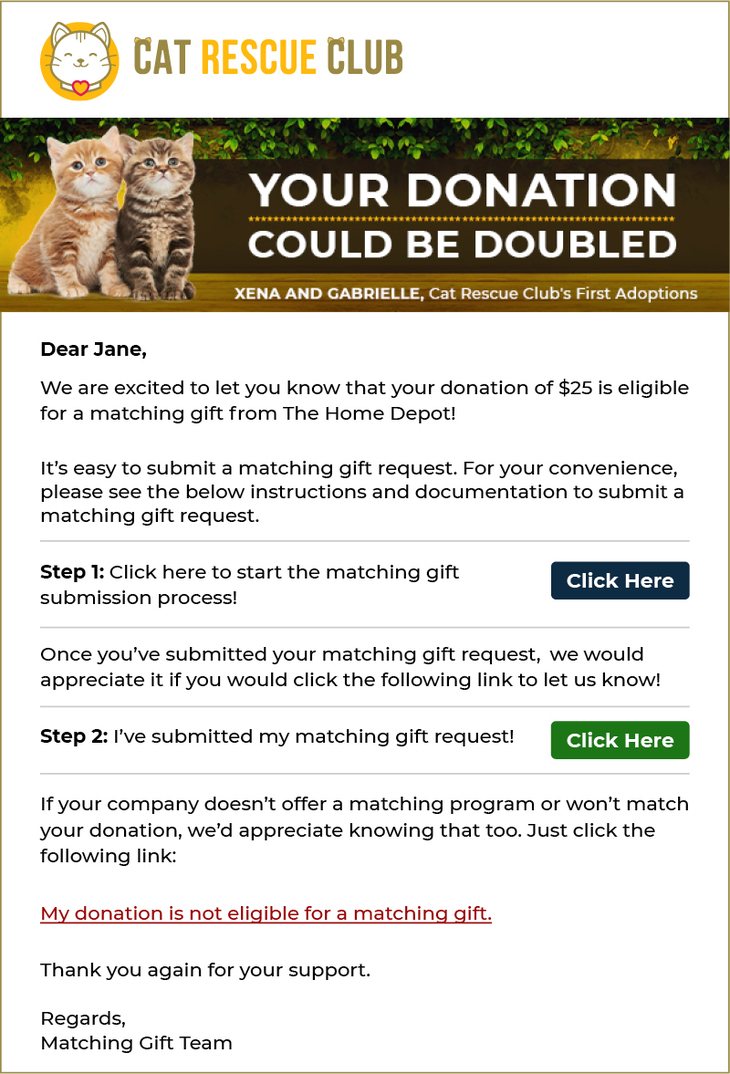 Look at how the Cat Rescue Club benefits from using matching gift software.