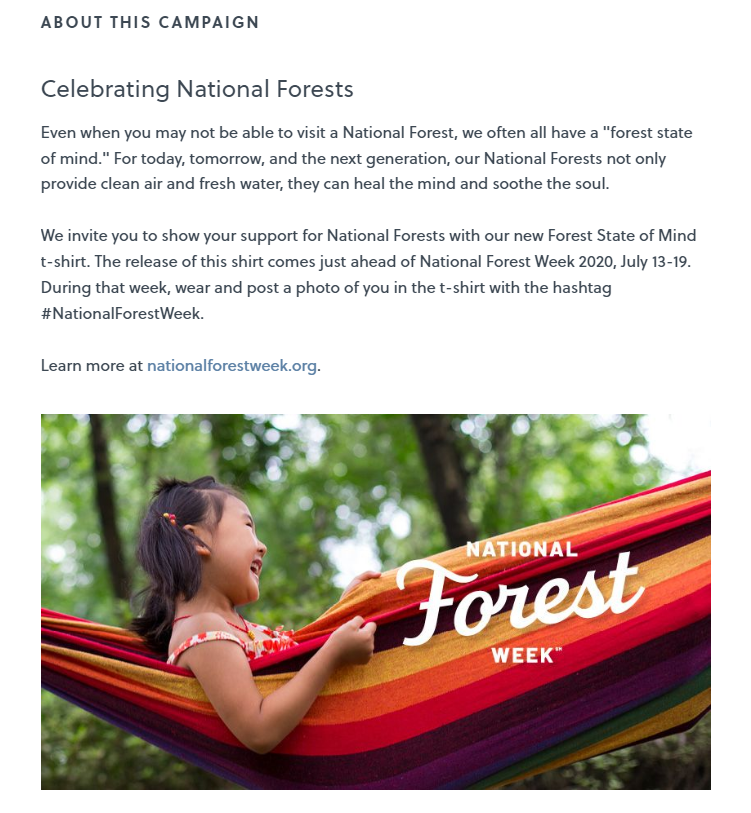 This National Forest Foundation fundraiser is an effective crowdfunding example because it incorporates social media for greater engagement.