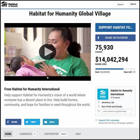 This crowdfunding page example from Habitat for Humanity is effective because it's completely branded to the organization. 