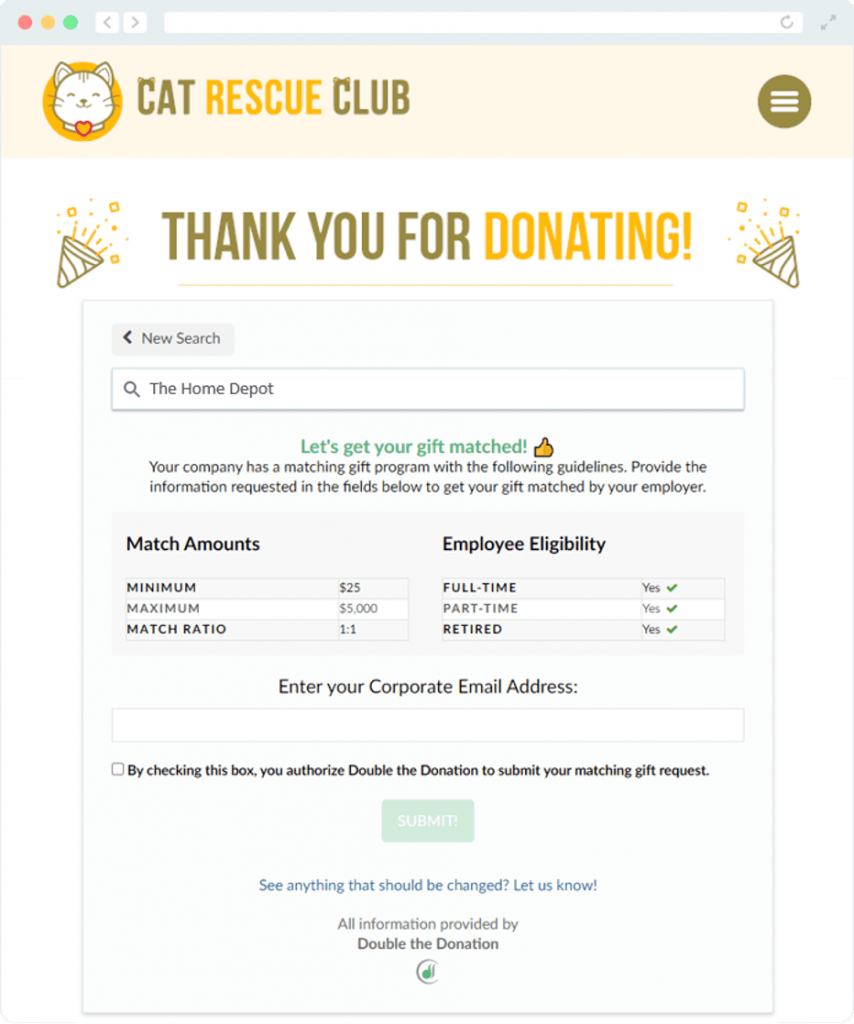 Millie spotlight - example of the matching gift auto-submission process with Millie and Double the Donation