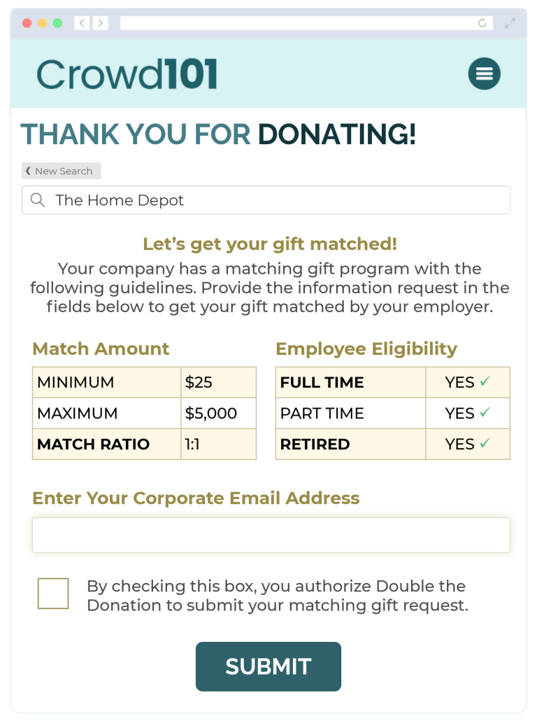 Enable matching gift auto-submission directly from your donation forms.