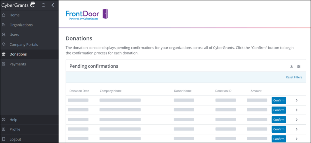 Screenshot of a sample matching gift verification using corporate gift-matching software