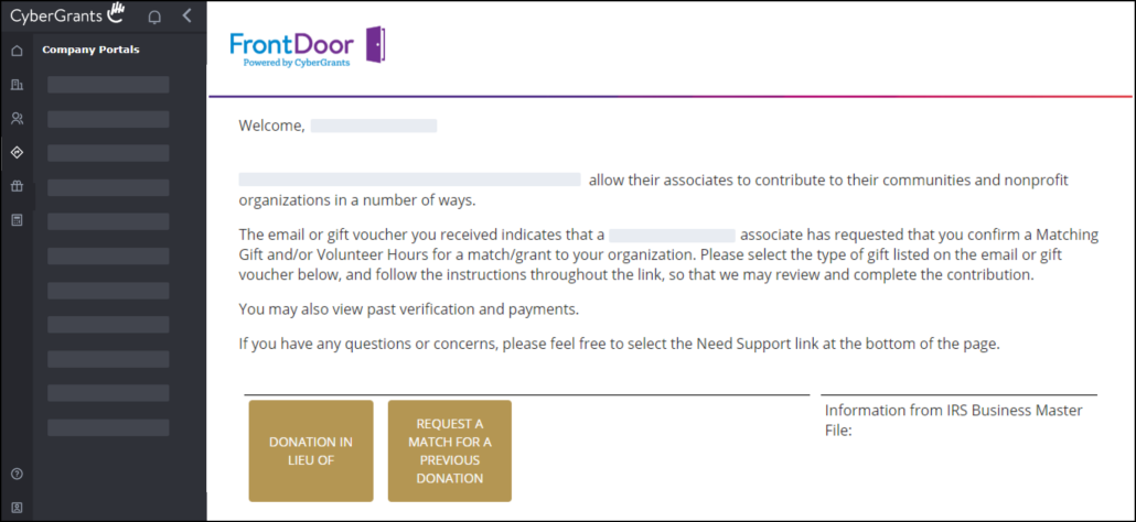 Screenshot of a sample matching gift verification request using corporate gift-matching software