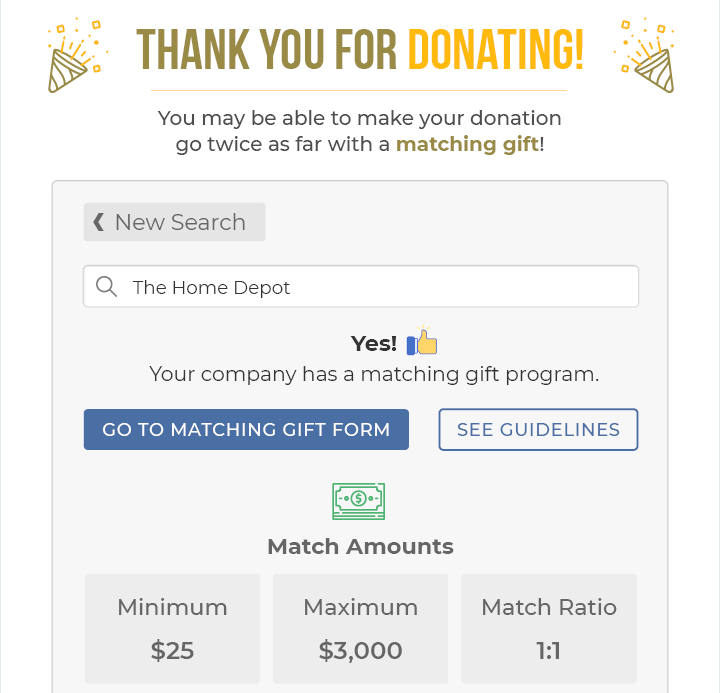 Screenshot of a sample confirmation page using corporate gift-matching software