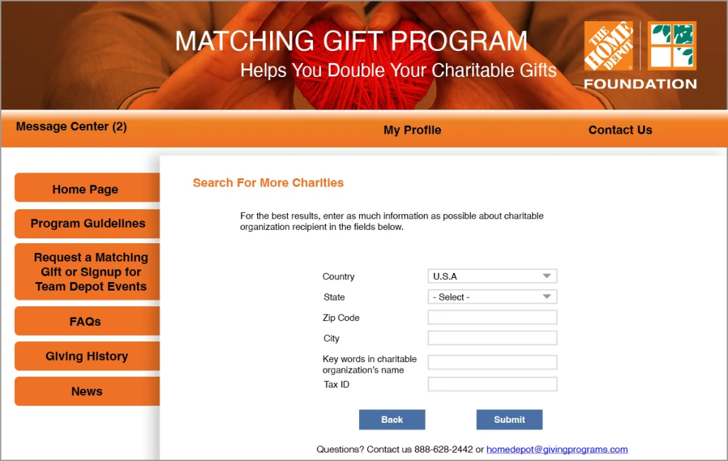 Screenshot of a sample matching gift request using corporate gift-matching software