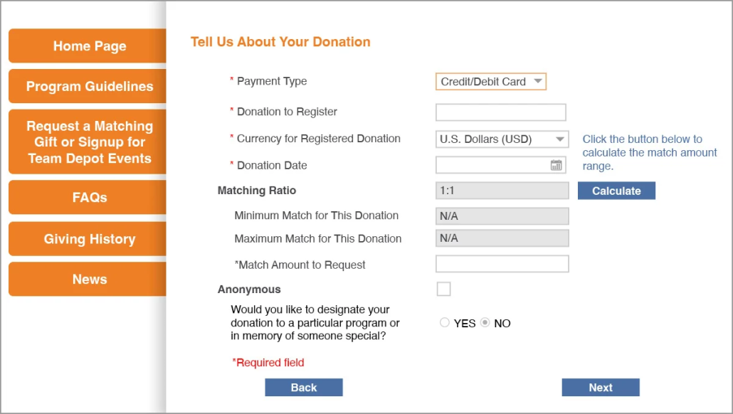 Screenshot of a sample matching gift request using corporate gift-matching software