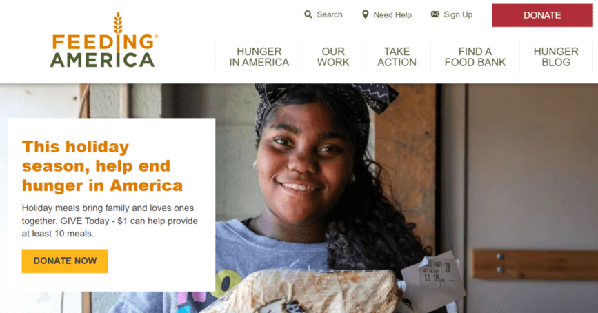This is a screenshot of Feeding America’s homepage featuring a CTA (explained in the text above).